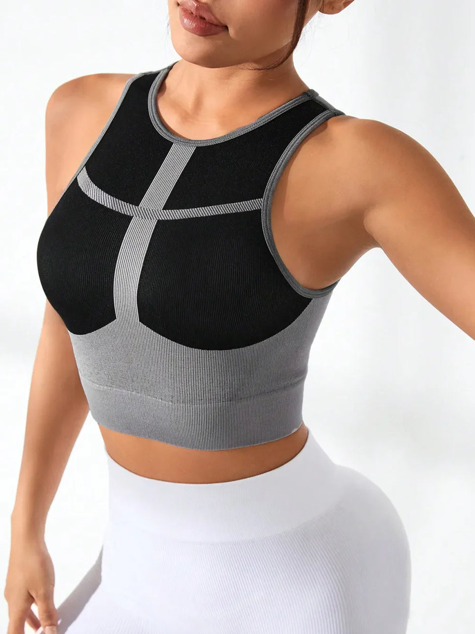 Ladies Active Athletic Wear black and gray sleeveless crop top sports bra- paired with white leggings