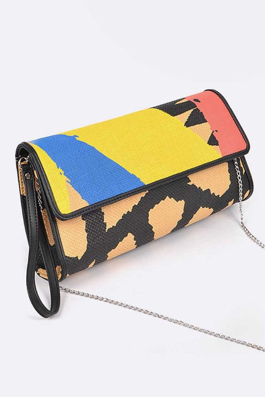 Colorful clutch bag and envelope bags with abstract patterns and a detachable chain strap
