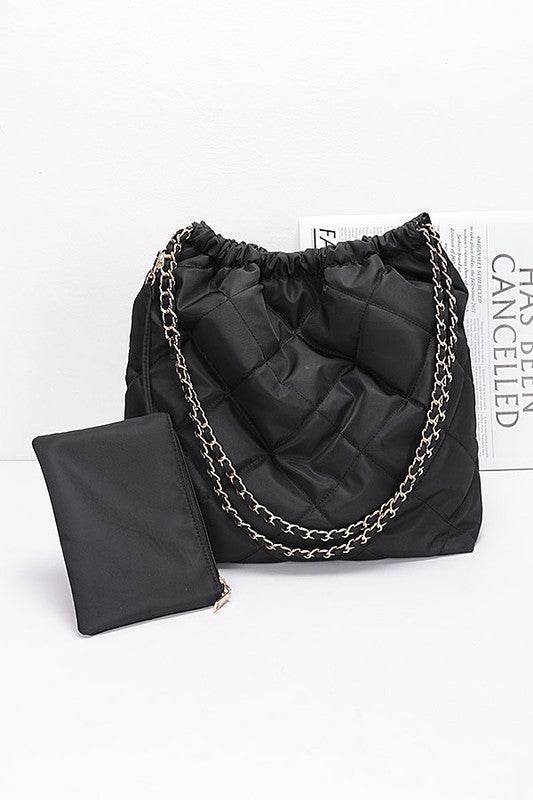 Black quilted designer style shoulder bags with chain straps and matching small pouch