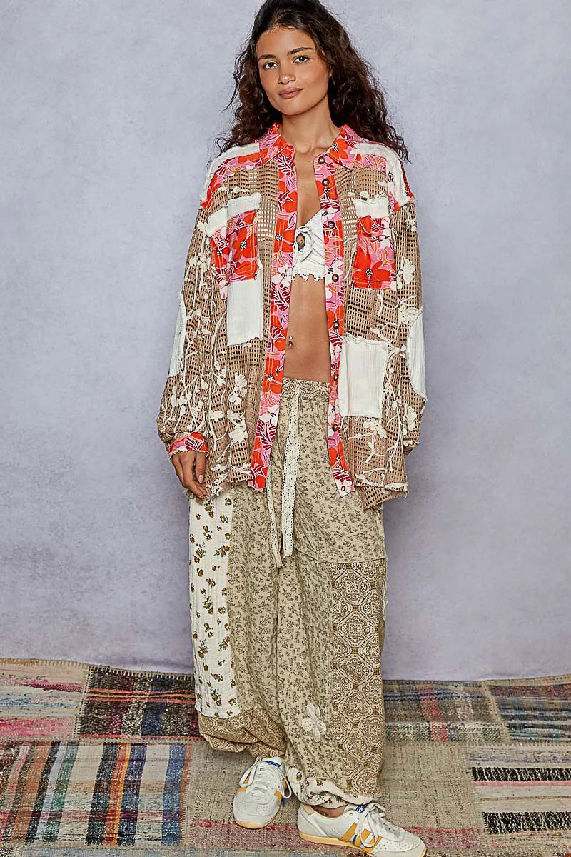 Woman wearing a stylish patchwork ladies pants and top sets with floral and geometric patterns