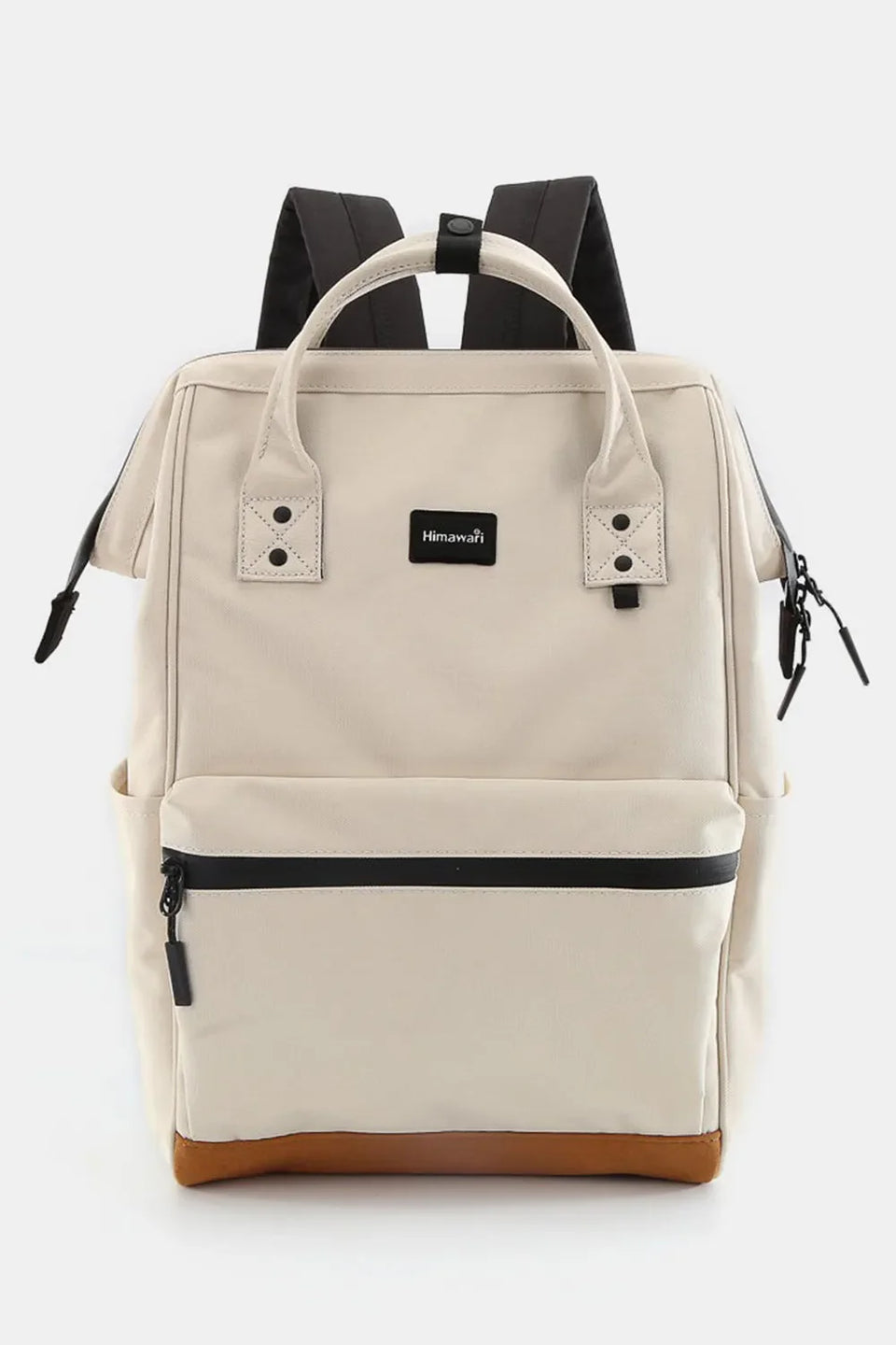 Beige Himswari Backpacks for Women, Men and Children with black zippers and handles, stylish and spacious design