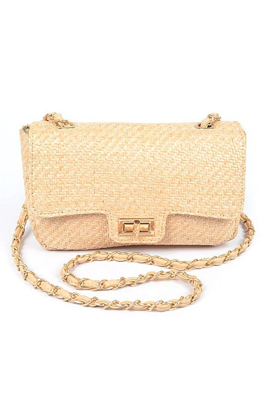 Babe Beachwaer beige woven Casual Flap Bag with gold chain strap and rectangular clasp