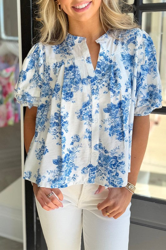Sky Blue Floral Puff Sleeve Shirt - Perfect Resort Wear - Beach Babes Beachwear - Fort Lauderdale