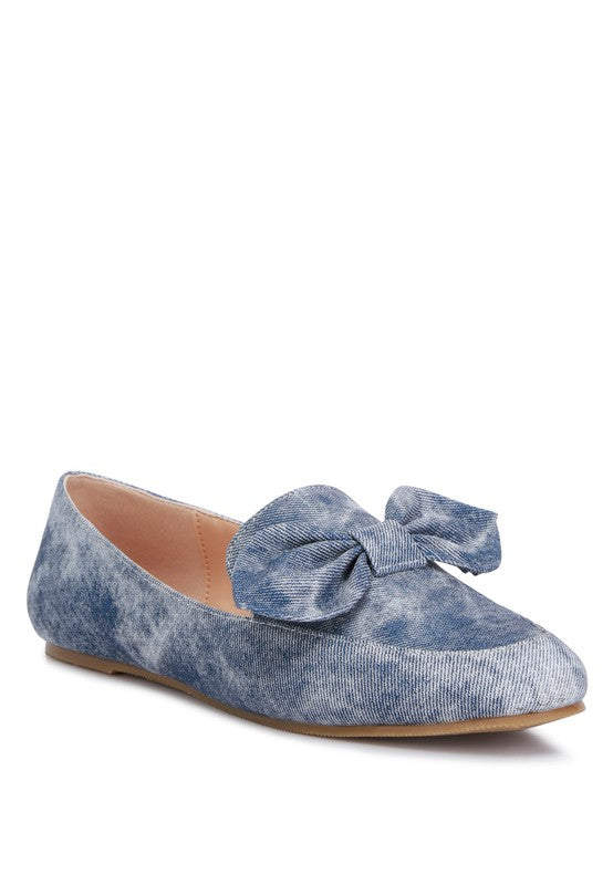 Rag Company women's denim bow loafers featuring a soft denim fabric with a stylish large bow detail
