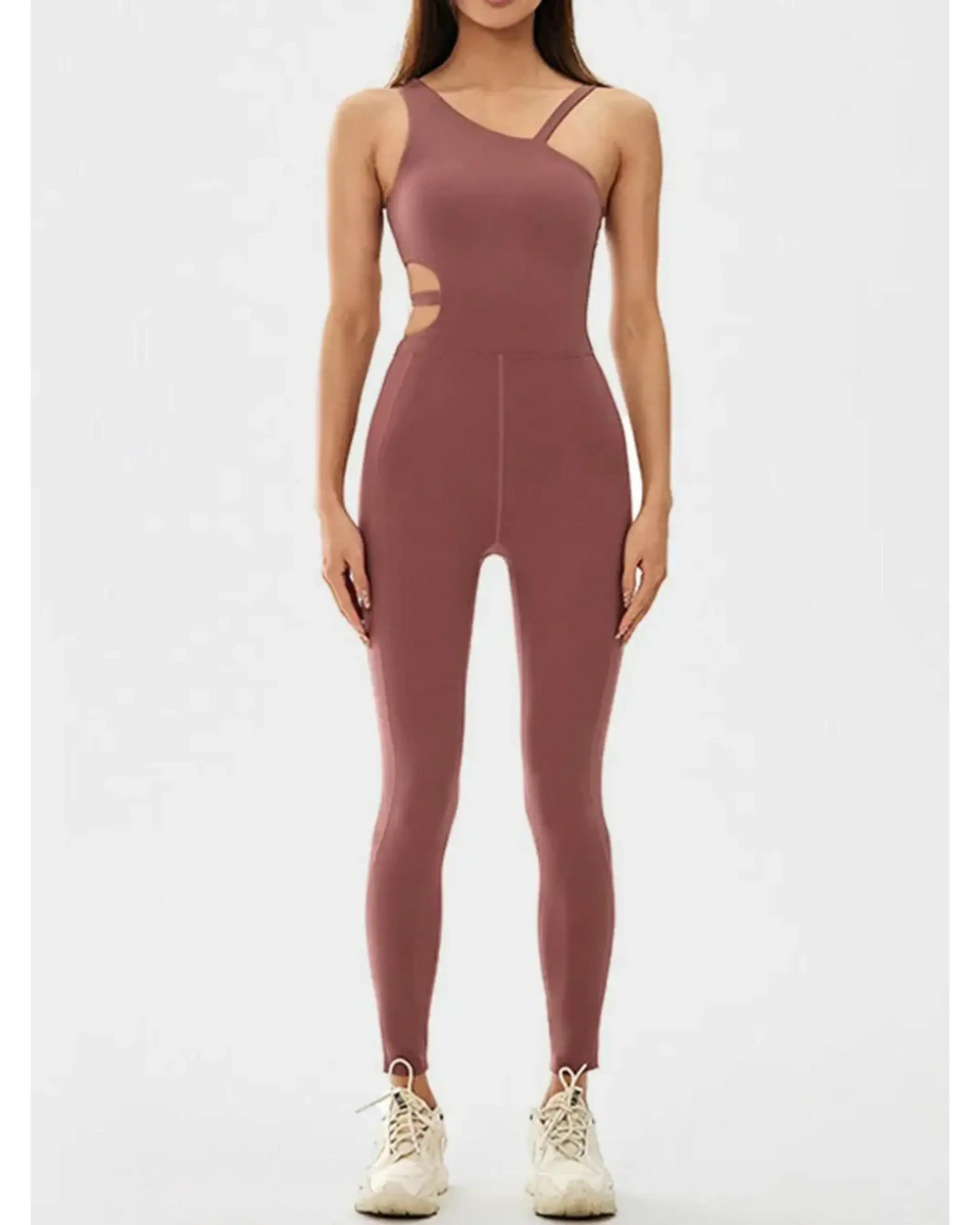 Babe Beachwaer asymmetrical neck activewear jumpsuit for women in mauve with cutout sides