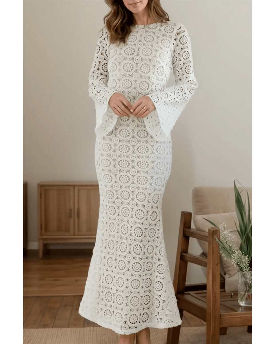Trendsi white backless flare sleeve lace dress maxi dress with intricate circular lace pattern