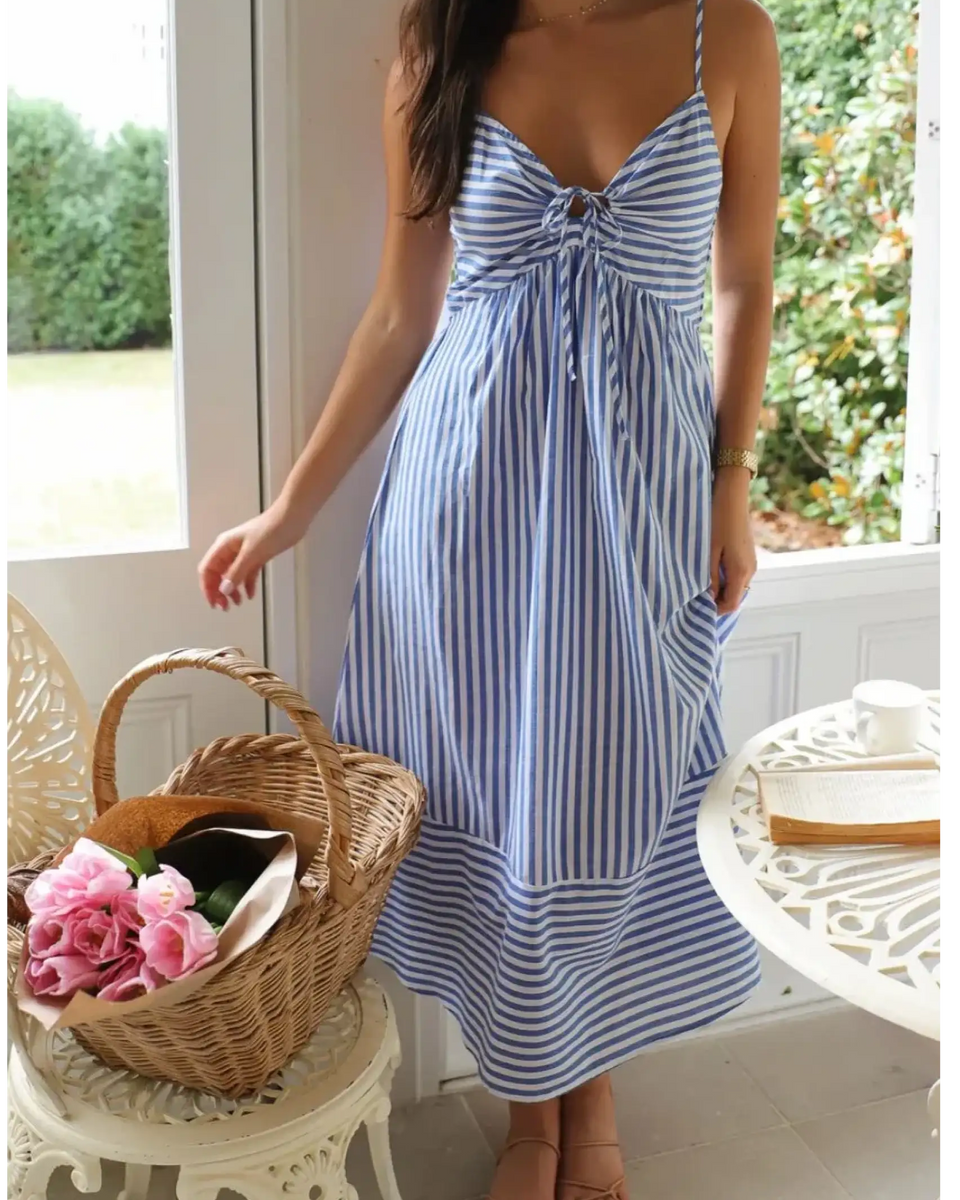 blue and white striped beach midi dress with spaghetti straps and tie front detail