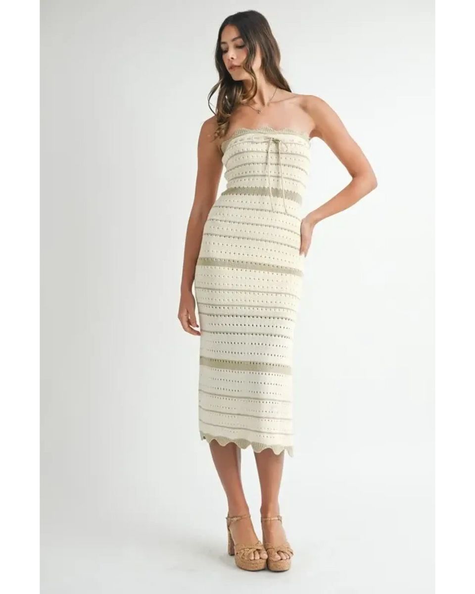 Beach Chic Beach Crochet Knit Slit Midi dress by Trendsi worn by model in cream strapless style