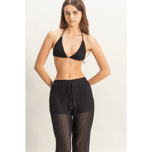 Trendsi black crochet bikini cover up pants set with drawstring waist and halter top