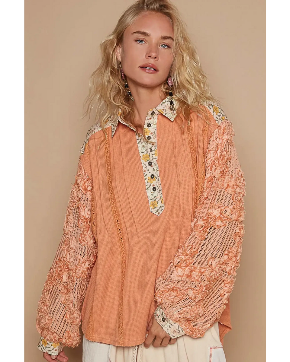 Trendsi long sleeve shirt with floral collar and textured peach sleeves boho beachwear tops for women