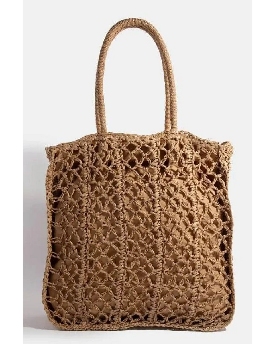 Babe Beachwear boho braided tote bag in natural brown with open weave design and long handles