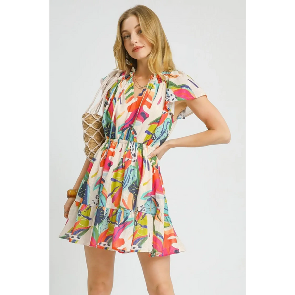 Trendsi orange boho mini dress with colorful abstract print and ruffled sleeves