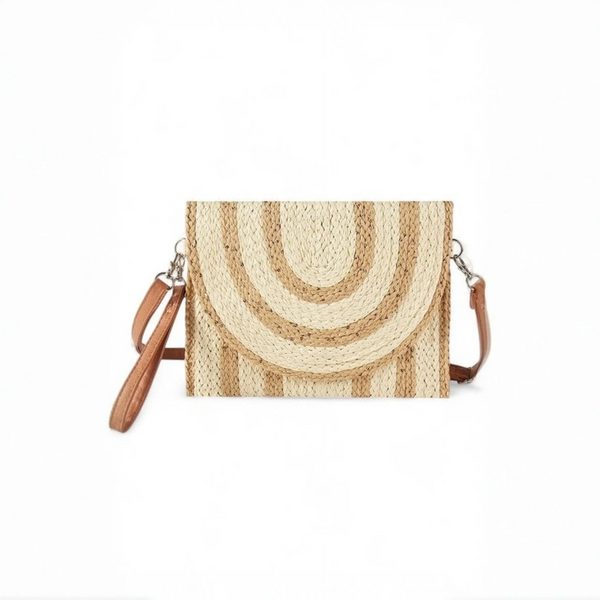 Boho Natural Summer Clutch bag by Babe Beachwaer with woven straw design and detachable leather strap