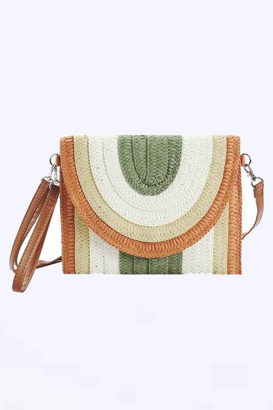 Artini Accessories Boho Straw clutch with green white and brown woven design and detachable strap