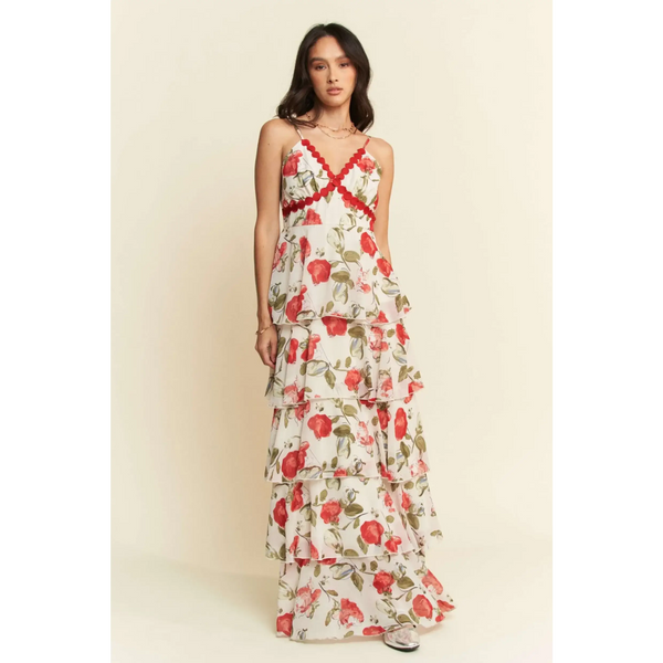Trendsi boho tiered maxi dress with floral print and red trim on spaghetti straps