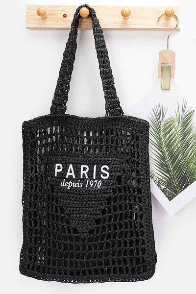 Black Paris Crochet Straw Summer Tote bag by Babe Beachwaer with open weave design and Paris logo