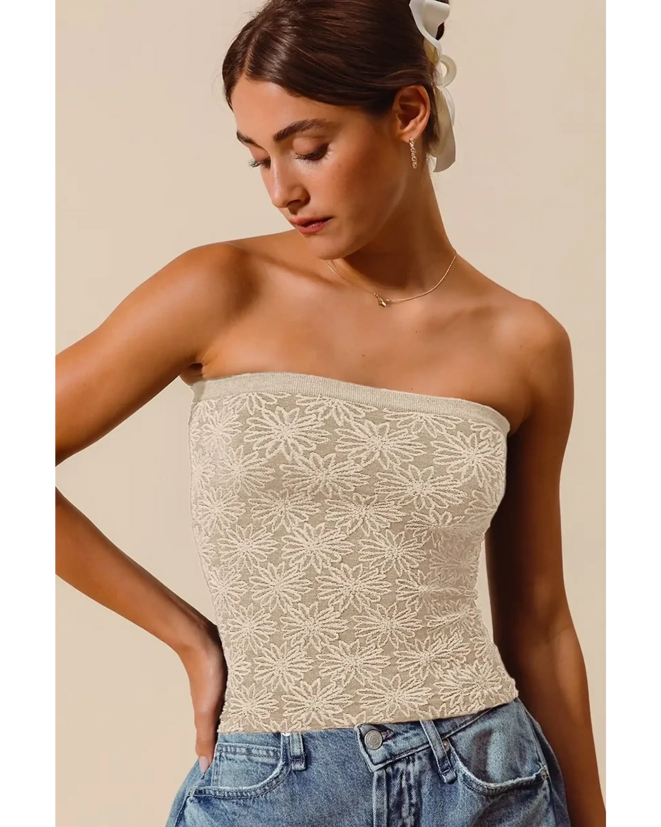 Babe Beachwear women's two tone tube top with floral lace design worn with denim jeans