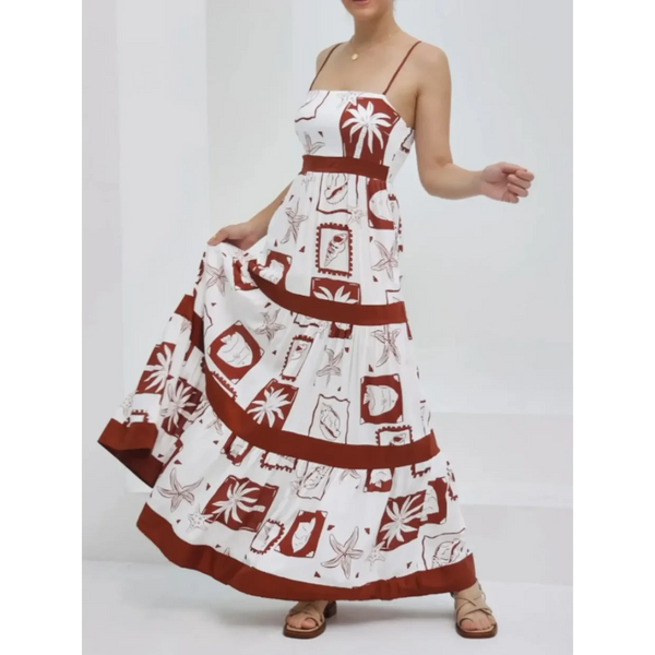 Trendsi maxi dress with tropical print in white and brown featuring a flowy design