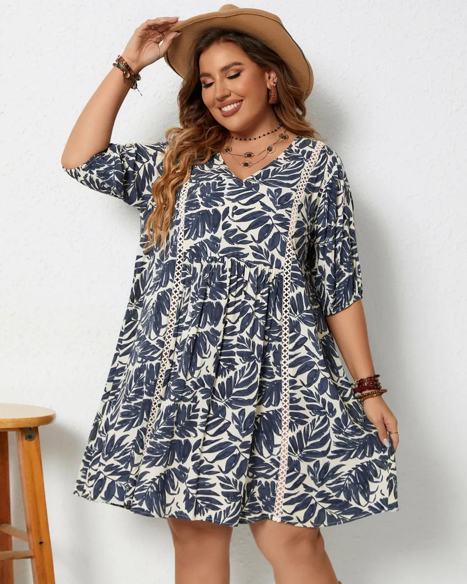 Plus Size Printed V-Neck Half Sleeve Mini Dress - Beach Babes Beachwear - Fort Lauderdale
