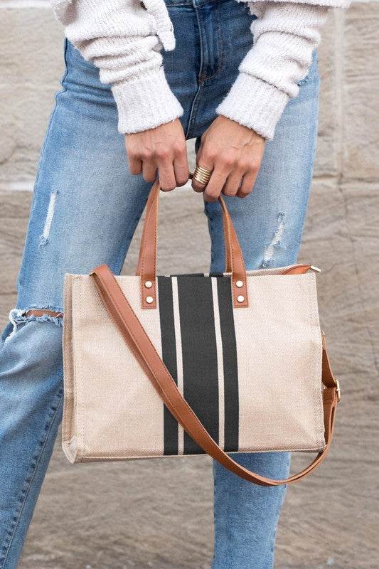 Babe Beachwear Canvas Stripe Tote for 2025 Summer Resort Wear with leather handles and adjustable strap