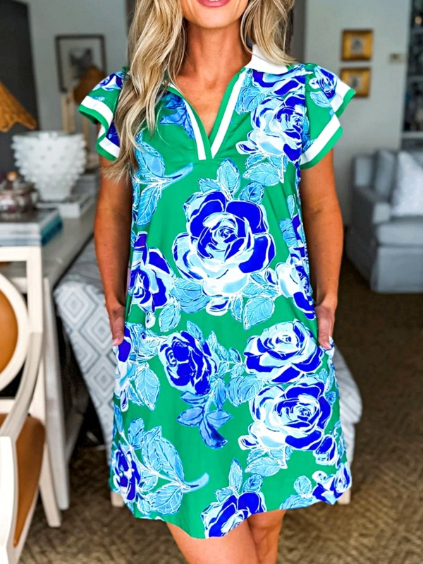 EG fashion green floral midi casual dress with blue and white roses and short flutter sleeves