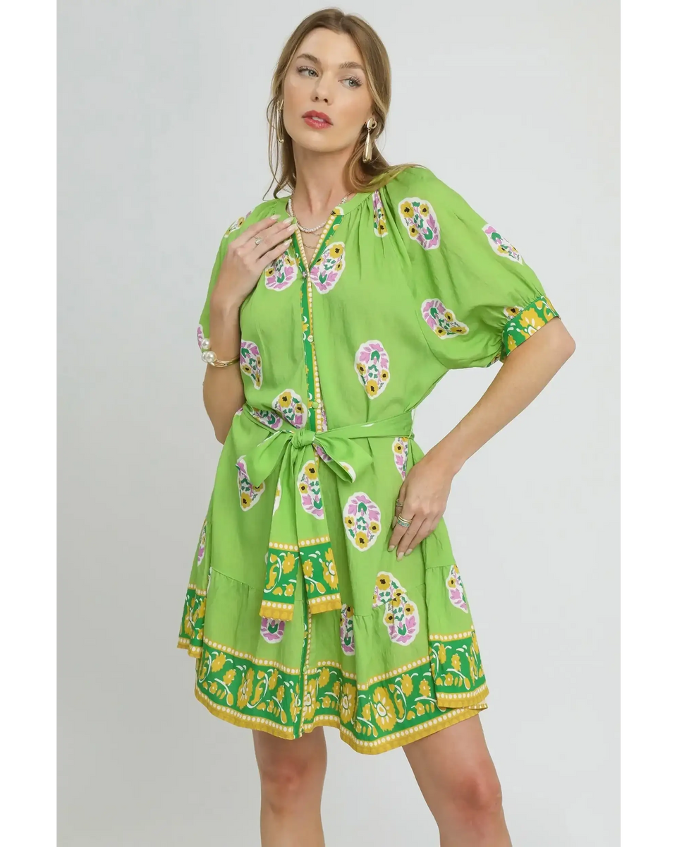 Trendsi casual neon green matching set with floral print and belted waist shorts set