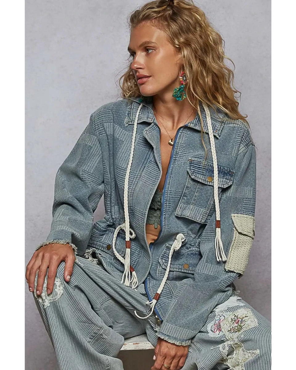 casual resort wear jacket for women with patchwork design and drawstring waist