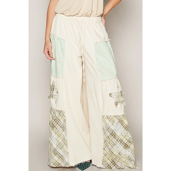Babe Beachwear casual summer pants with pockets in cream featuring patchwork and wide legs
