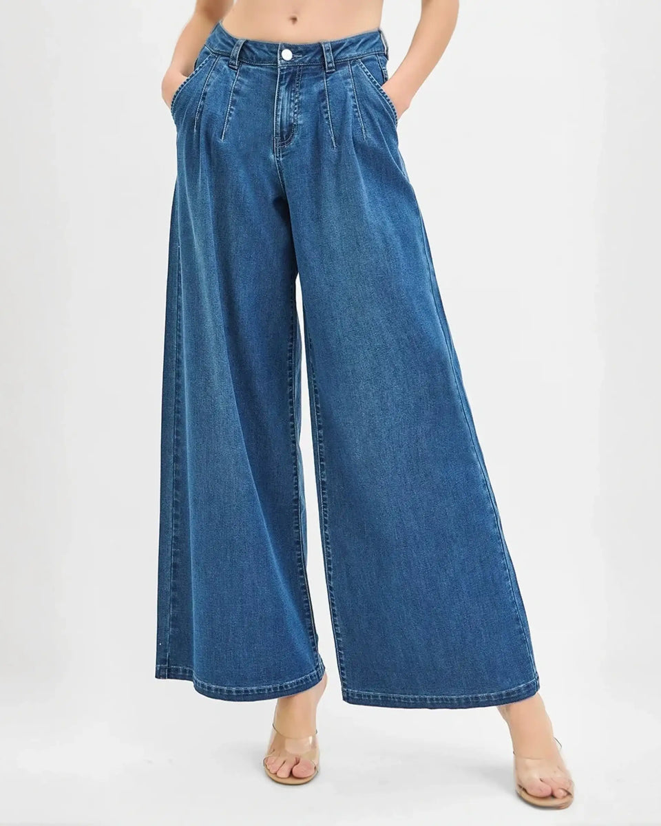 Trendsi casual wide leg jeans for juniors in blue denim with high waist and pockets