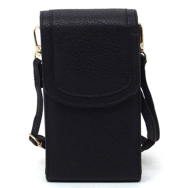 Babe Beachwaer black cell phone crossbody chain bag with flap closure and adjustable strap