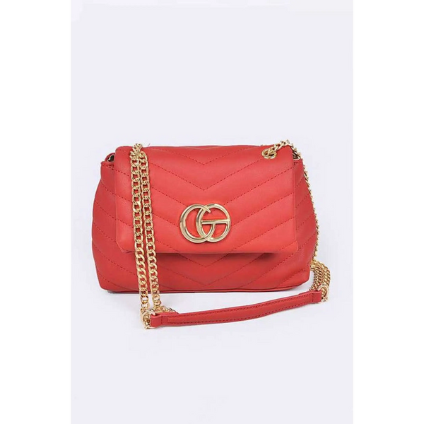 Babe Beachwaer red CG Logo Quilted Shoulder Bag with gold chain strap and chevron quilting