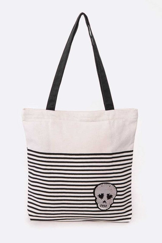 Babe Beachwear chic skull design resort bag with black and white stripes and black handles