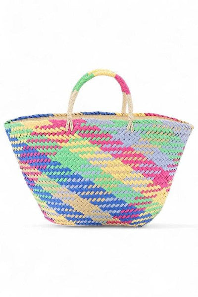 Colorful straw beach tote bag by Babe Beachwear with vibrant multi-color woven design and sturdy handles
