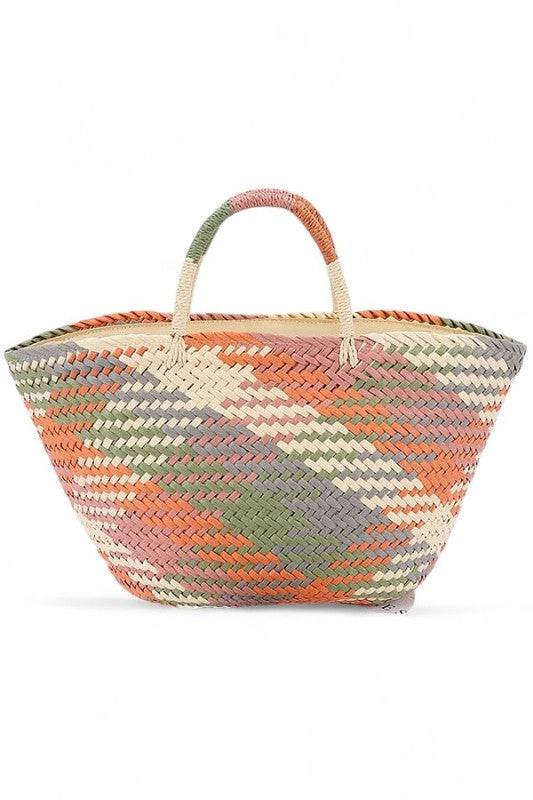 Babe Beachwear colorful straw beach tote bag with multicolor woven pattern and sturdy handles