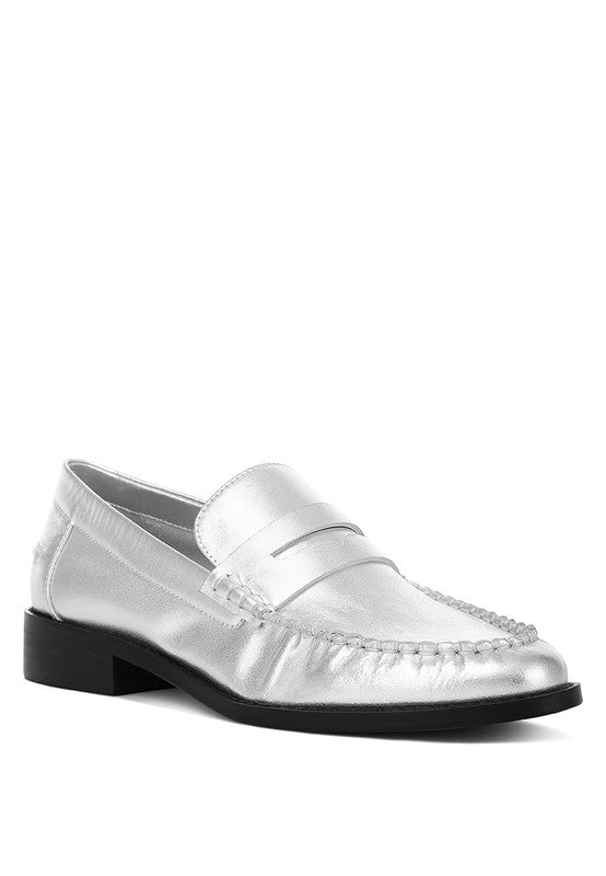 Babe Beachwear silver comfortable slip-on loafers for travel with stitched detailing and black sole