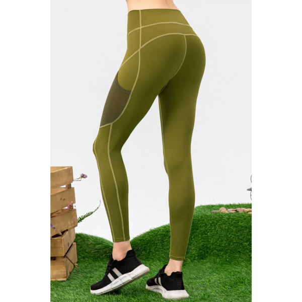 Trendsi olive green compression slim fit workout pants for women with contrast stitching