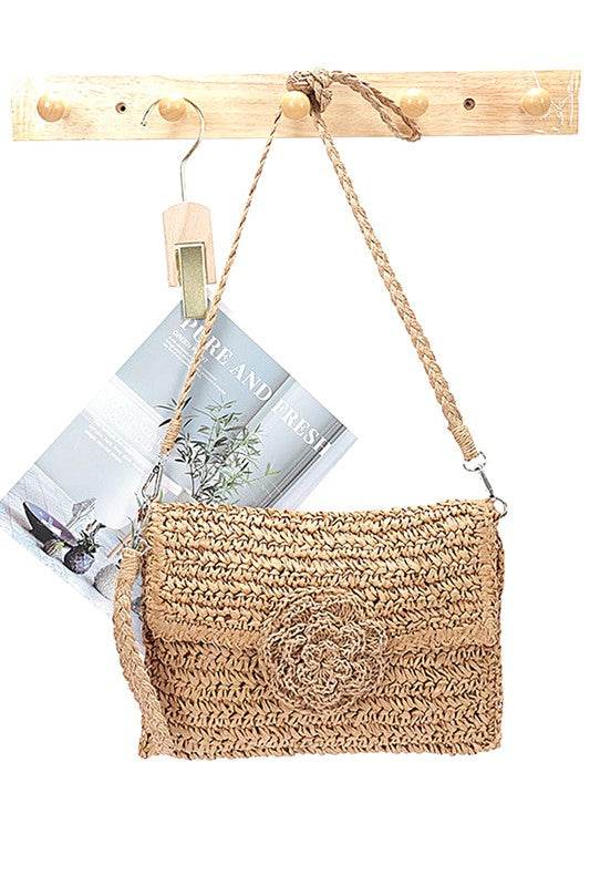 Babe Beachwear convertible straw purse for women with braided strap and floral detail in natural color
