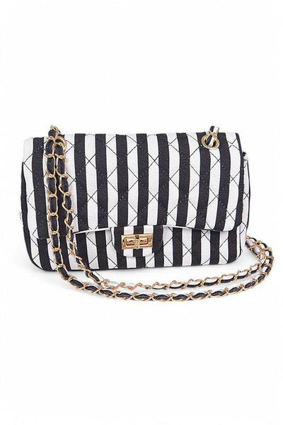 Babe Beachwear Cotton Stripe Shoulder Bag Summer Resort Fashion with black and white stripes and gold chain strap