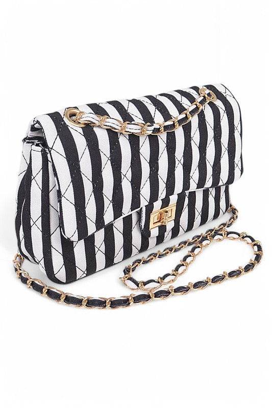 Cotton Stripe Shoulder Bag Summer Resort Fashion with gold chain and black white stripes