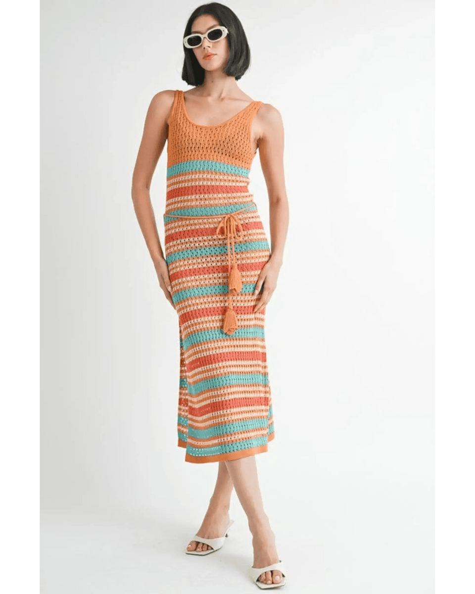Emory Park crochet dress vacation Florida striped midi dress with tie waist and sleeveless design