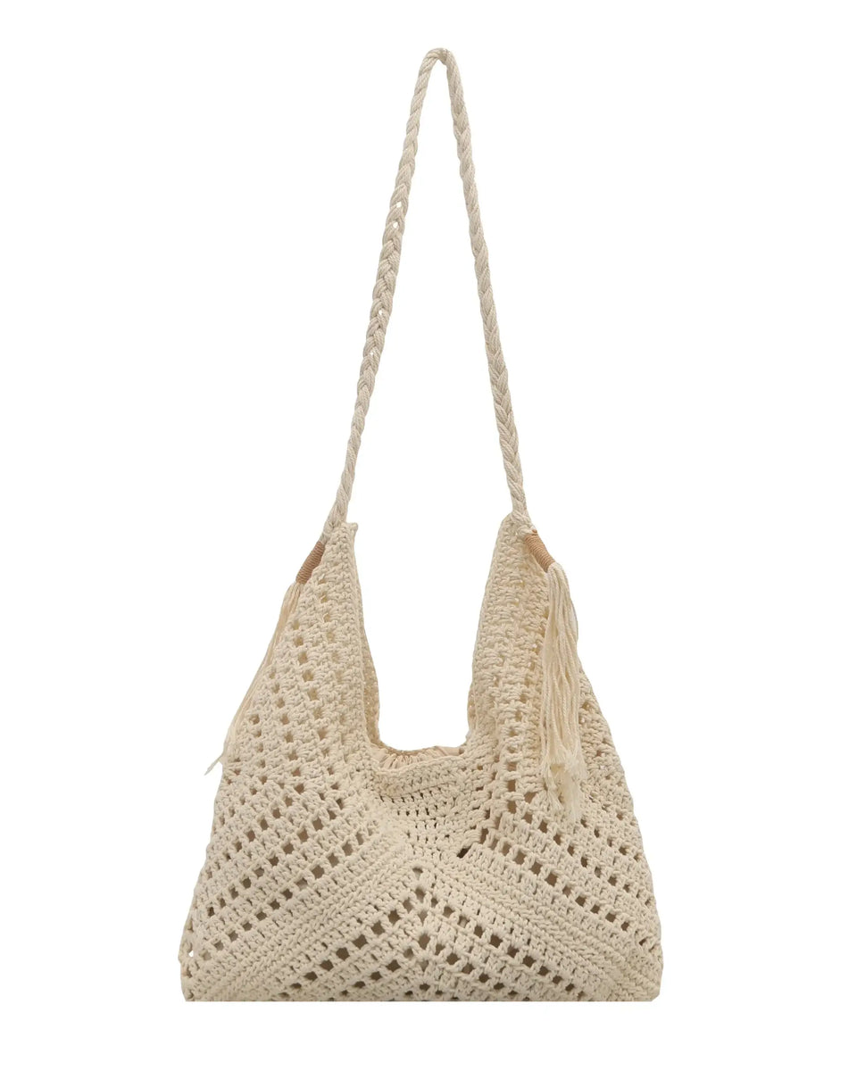 Babe Beachwear Crochet Summer Shoulder bag in beige with braided strap and tassel detail
