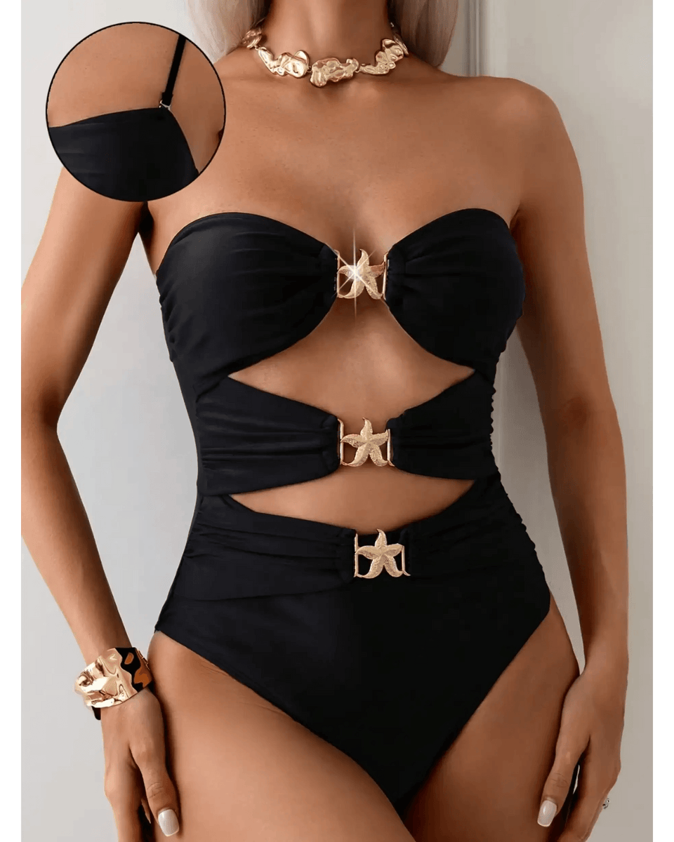Beach Babes black cutout one piece swimsuit with gold buckle details and strapless design