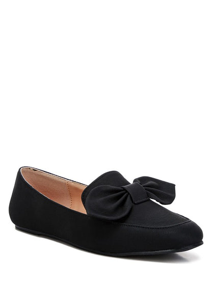 Rag Company women's denim bow loafers in black with large fabric bow and flat sole