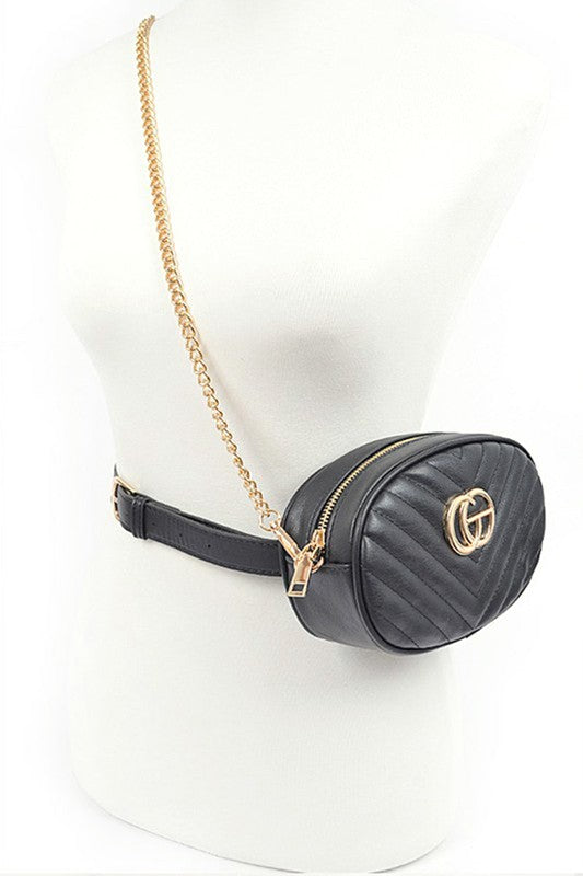 Designer Style Logo Belt Bag by Babe Beachware in black with gold chain and logo detail