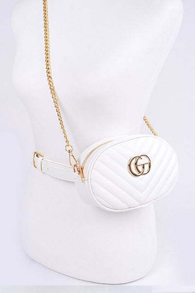 White Designer Style Logo Belt Bag with gold chain and logo detail from Babe Beachwaer
