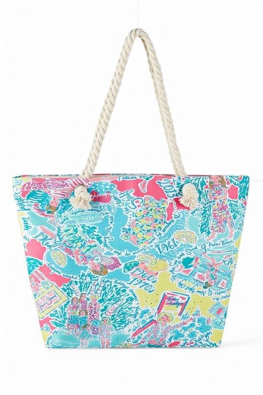 Babe Beachwear easy to pack summer beach bag with colorful tropical print and rope handles