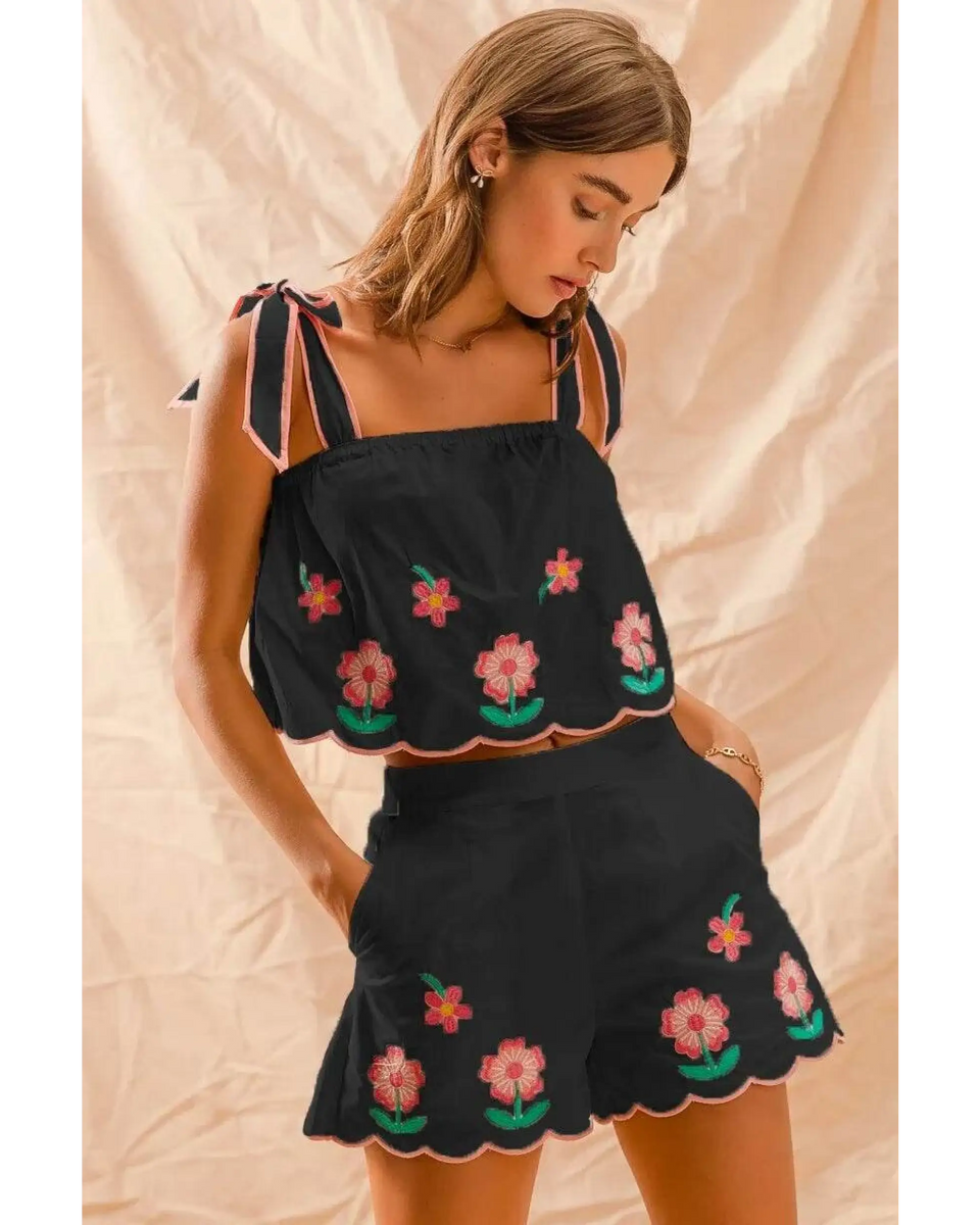 Babe Beachwear embroidered tank top and shorts set in black with floral embroidery and scalloped edges