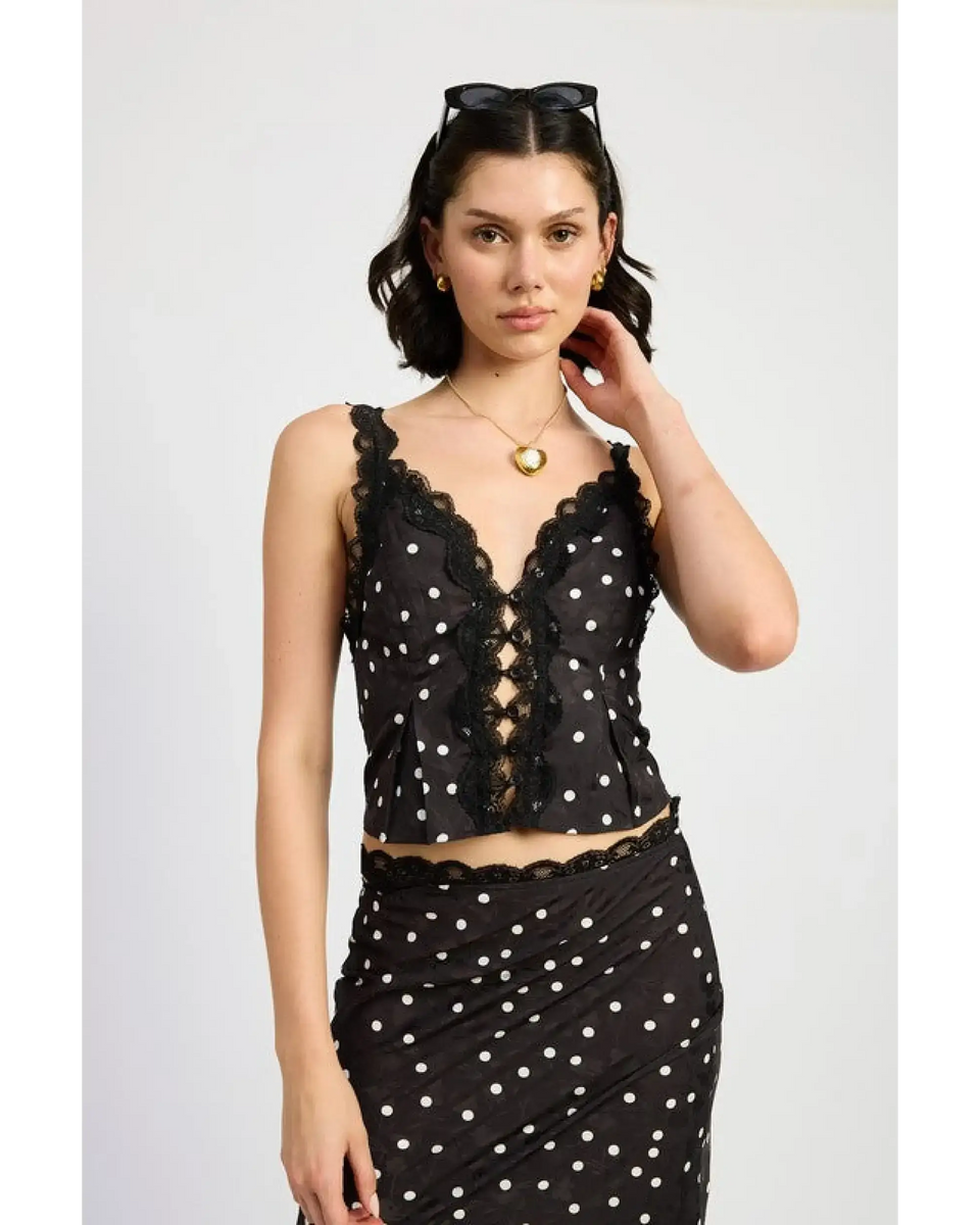Emory Park flattering polka dot cami for women in black with white dots and lace detailing