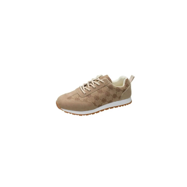 brown floral round toe sneakers for women with lace-up design and comfortable sole