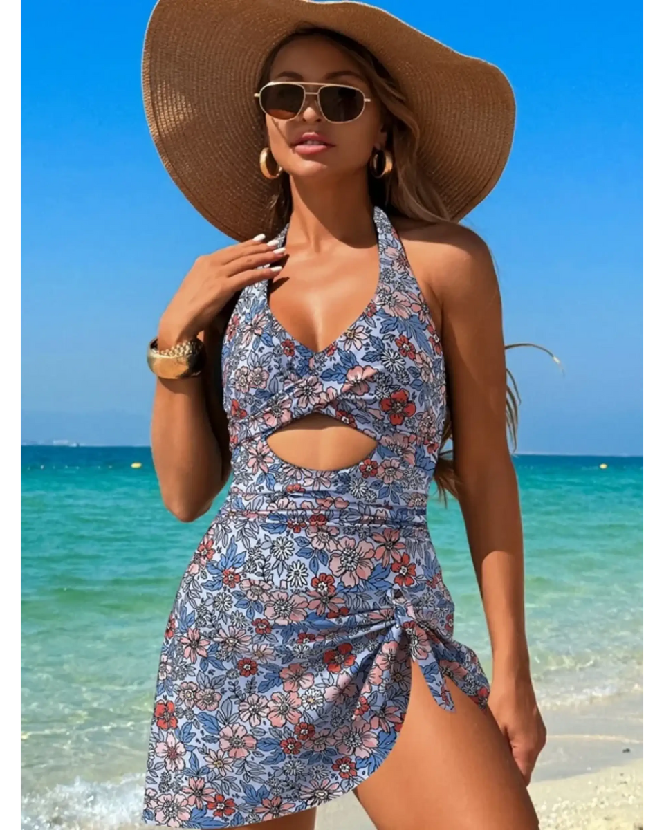 Beach Babes sexy cutout swim dress with floral print and halter neckline worn on the beach